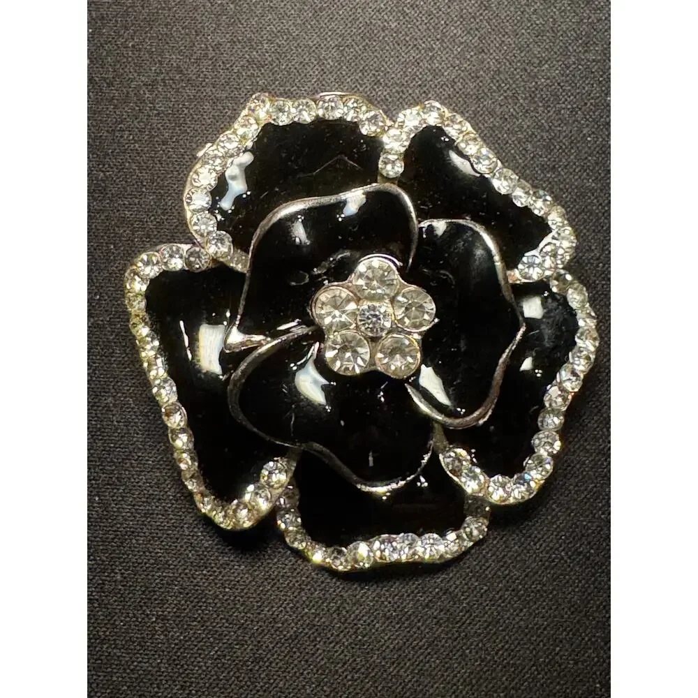 Large Black & Silver Enamel with Crystals Flower Brooch